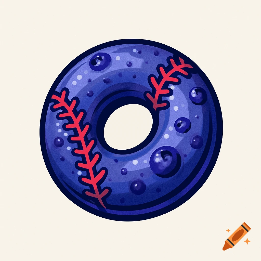 A stylized illustration of a blueberry bagel with red baseball stitching.