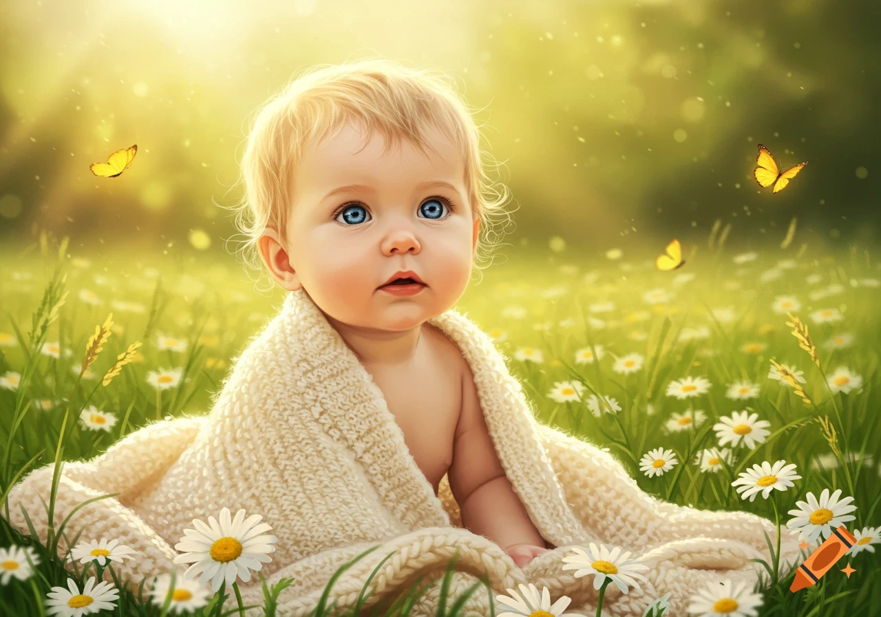 A cute baby with blue eyes and blonde hair wrapped in a white blanket, sitting in a field of daisies with butterflies.
