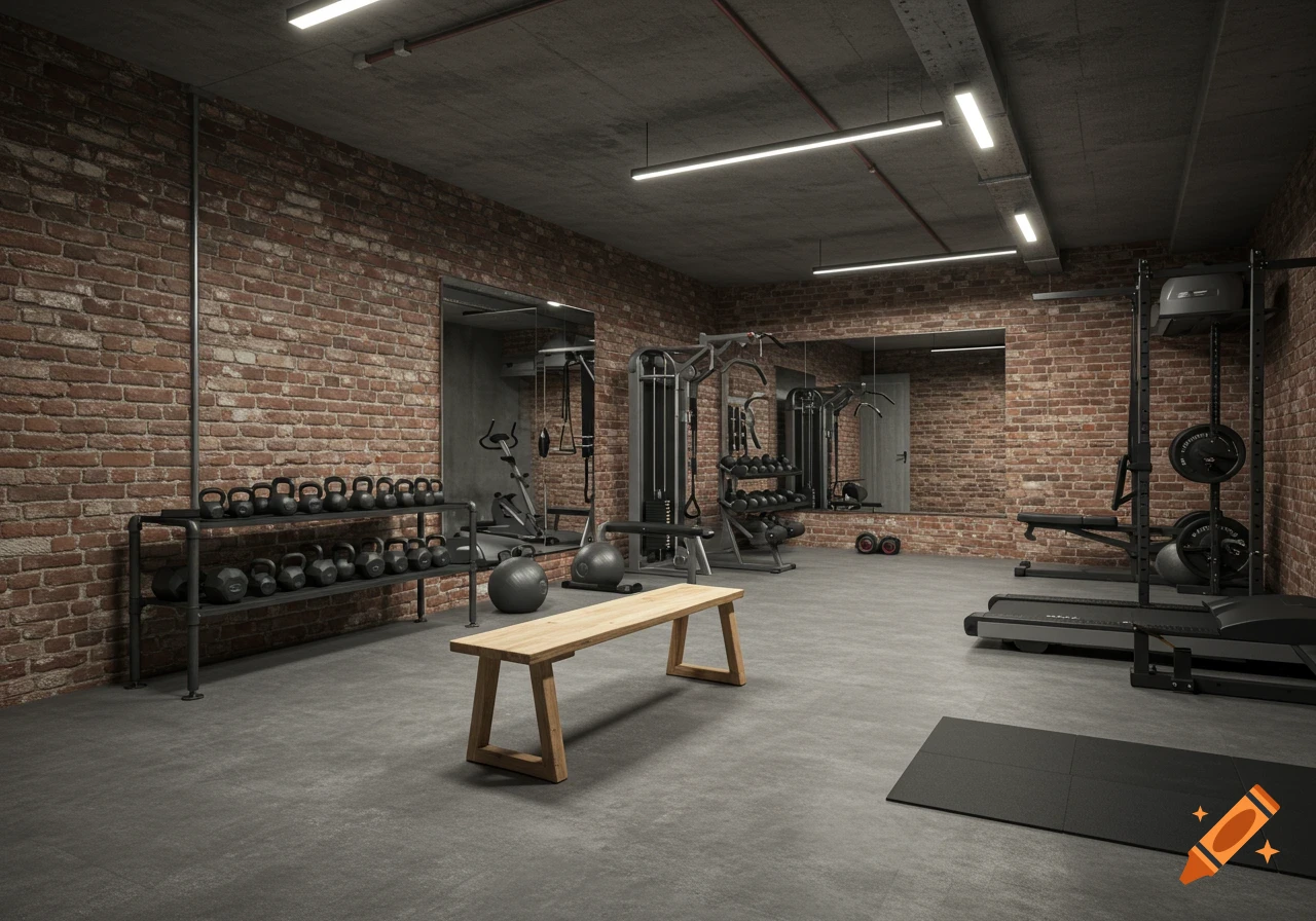 Photorealistic image of an empty basement home gym with exposed brick walls, concrete floor, workout equipment, and an industrial design.