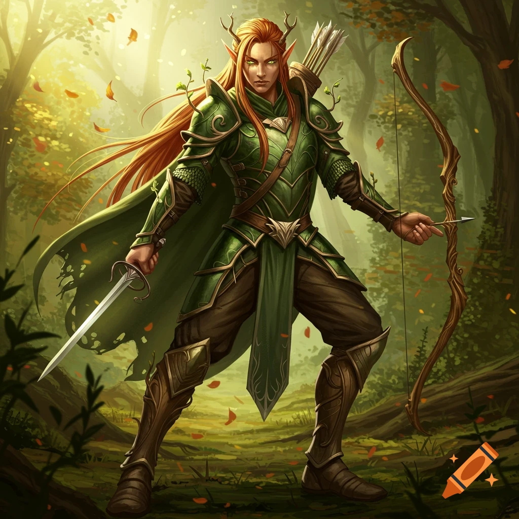 A powerful wood elf archer with long red hair and green armor stands in a sunlit forest, holding a sword and a longbow.