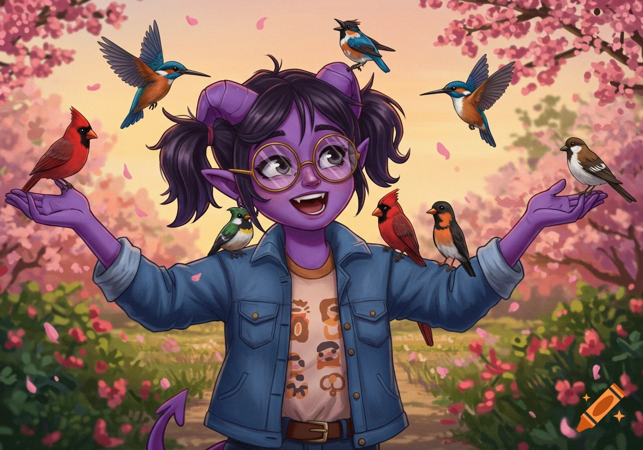 Digital illustration of a purple tiefling girl with glasses, smiling among pink cherry blossoms with colorful birds on her.