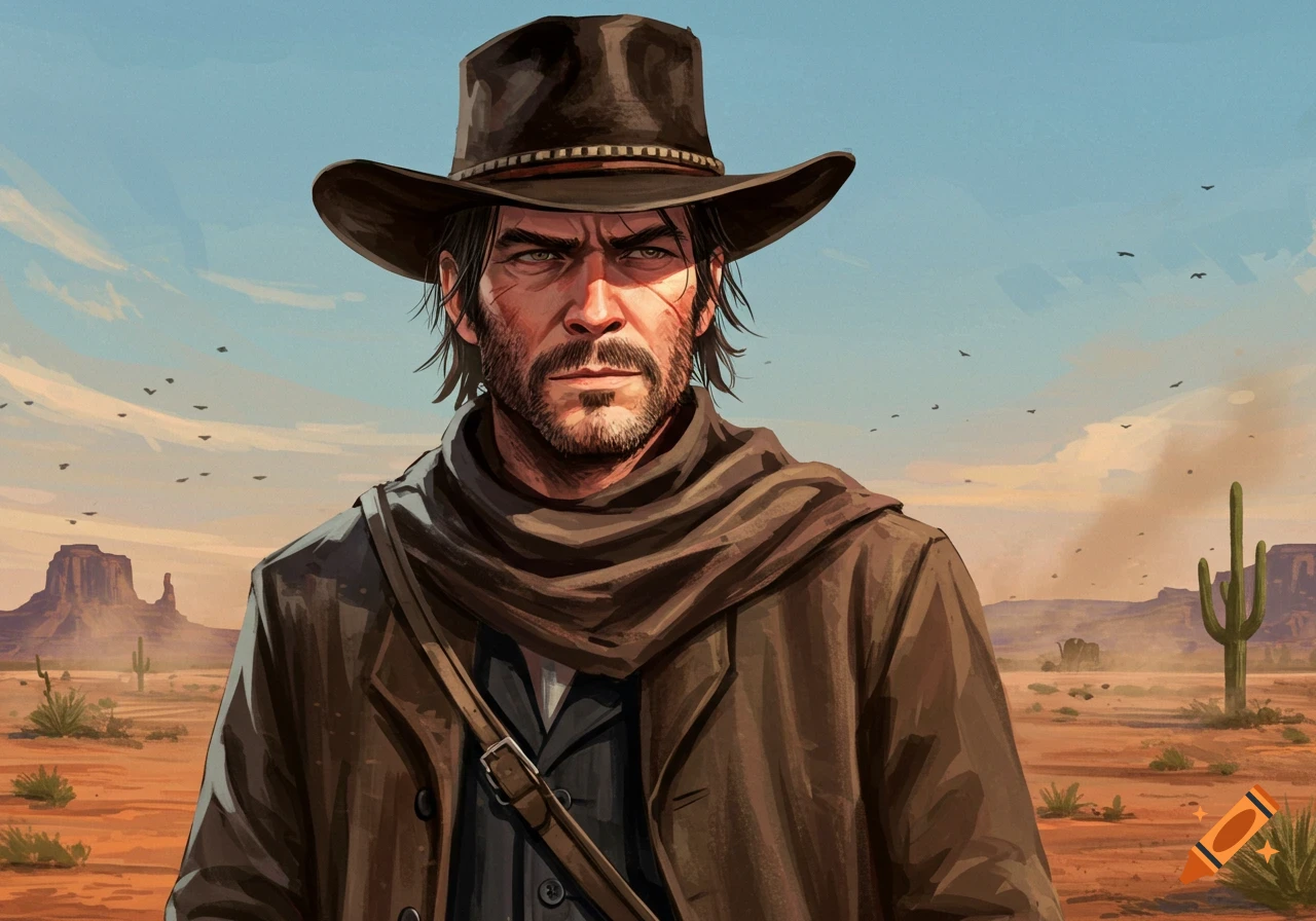 A stylized portrait of a rugged man resembling John Marston, wearing a dark cowboy hat and scarf, set against a desert landscape.