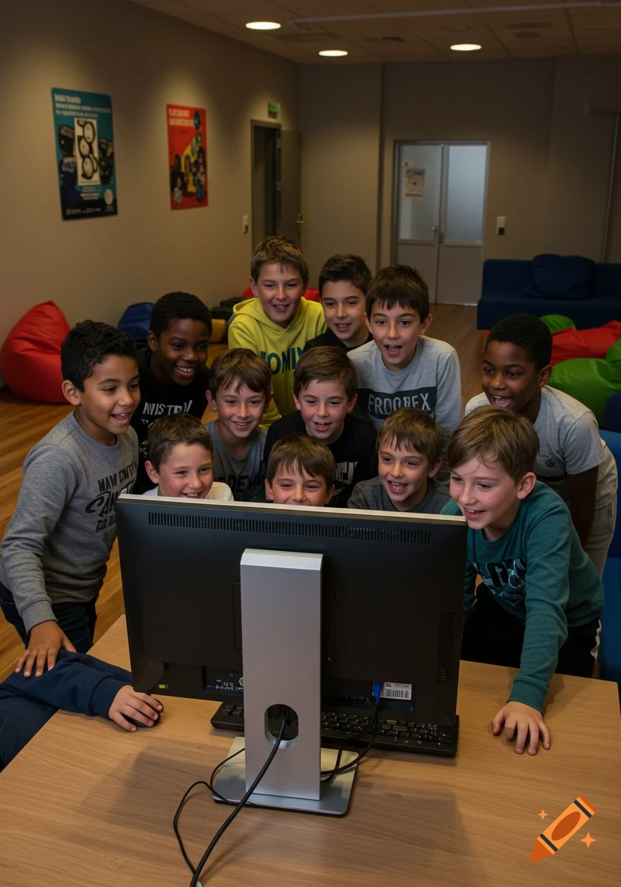 A group of diverse boys aged 8-10 eagerly gather around a computer monitor in a modern room, laughing and smiling.