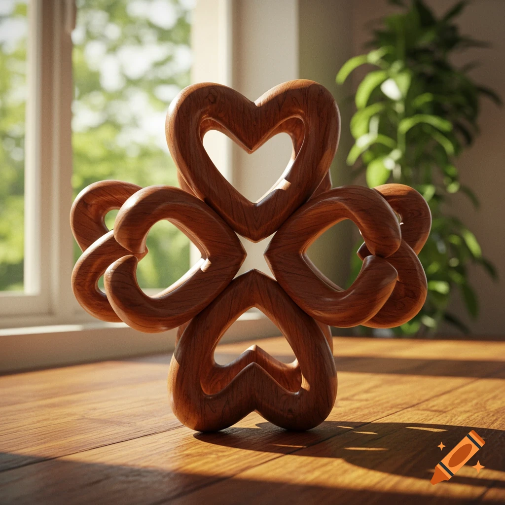 Photorealistic wooden sculpture made of interconnected heart shapes on a sunlit wooden floor with a window and plant in background.