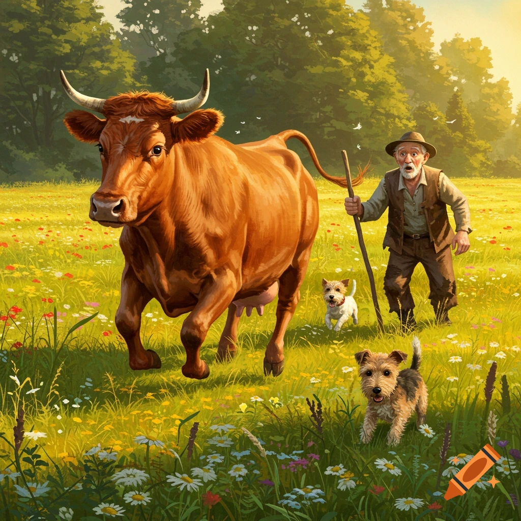A large brown cow charges an elderly man with a stick and two terriers through a sunny field of colorful wildflowers.