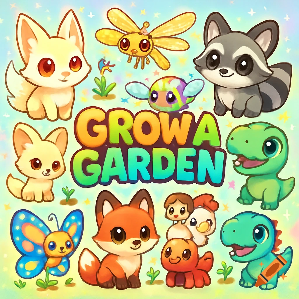Vibrant anime-style image of adorable chibi animals including foxes, raccoons, dinosaurs, and insects around the text 'Grow a Garden'.