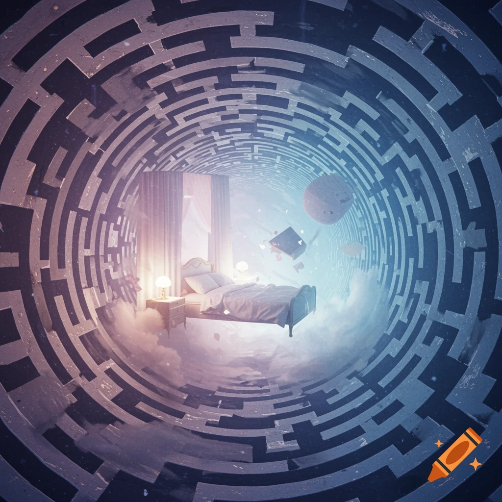 A surreal bedroom with a floating bed and nightstand inside a circular maze tunnel, surrounded by light and mist.