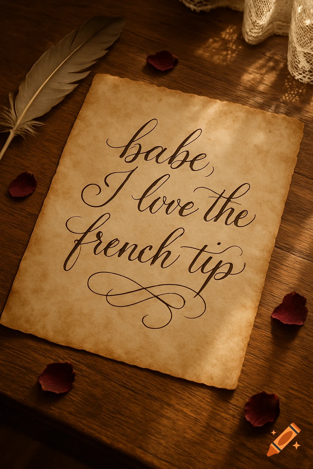 A close-up still life of an old, tea-stained paper with 'babe, I love the french tip' written in calligraphy, on a wooden table with a quill, rose petals, and lace.