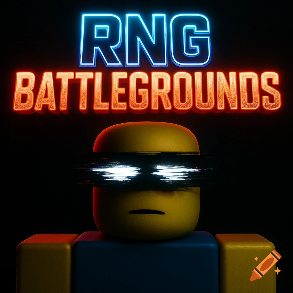 A Roblox character with glitching eyes under neon text reading 'RNG BATTLEGROUNDS' on a black background.