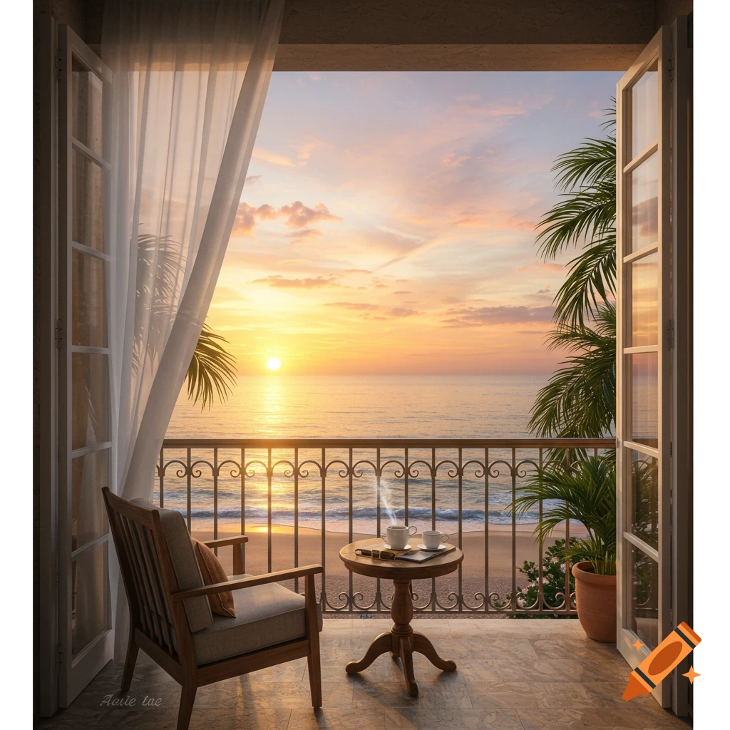 A photorealistic view from a balcony at sunset, overlooking a beach with the ocean, a chair, and a table with coffee cups.