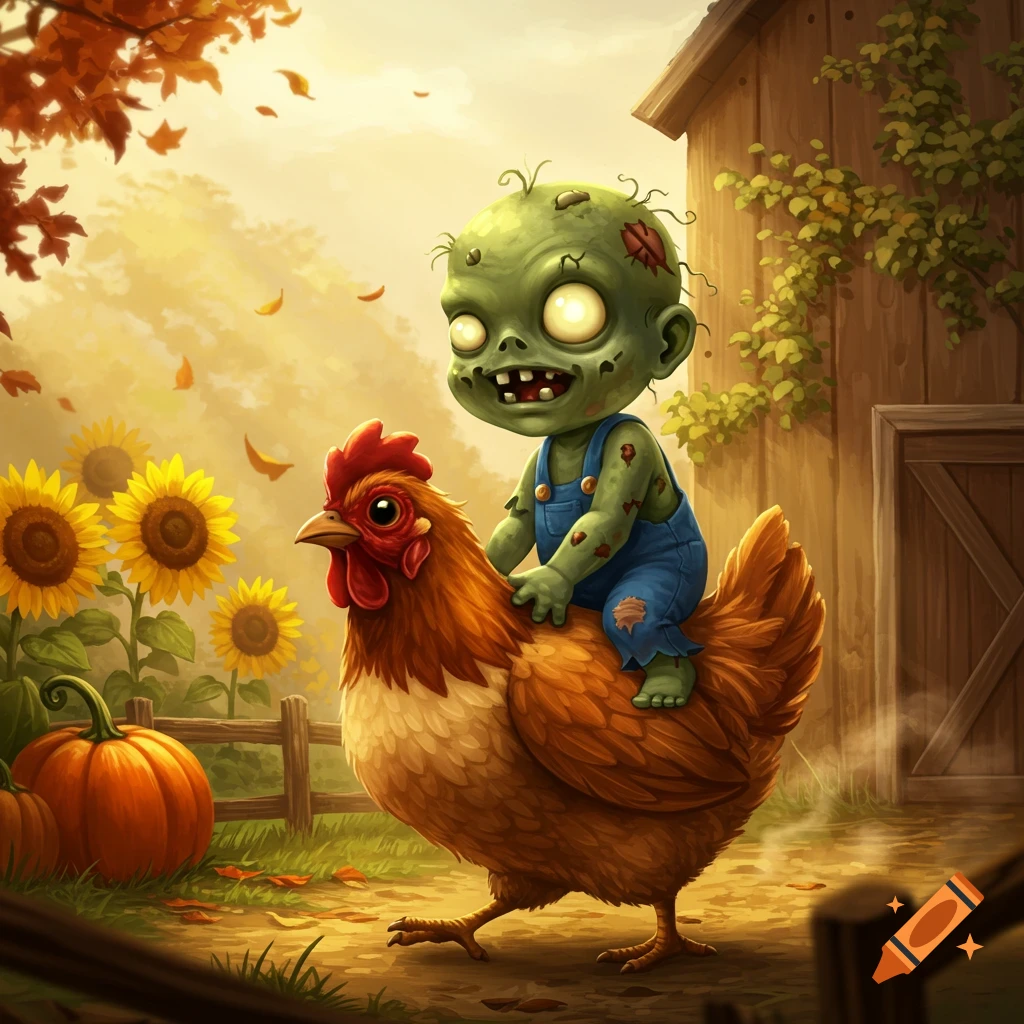 A cartoon zombie baby in overalls rides on a chicken in an autumn farm scene with sunflowers and a barn.