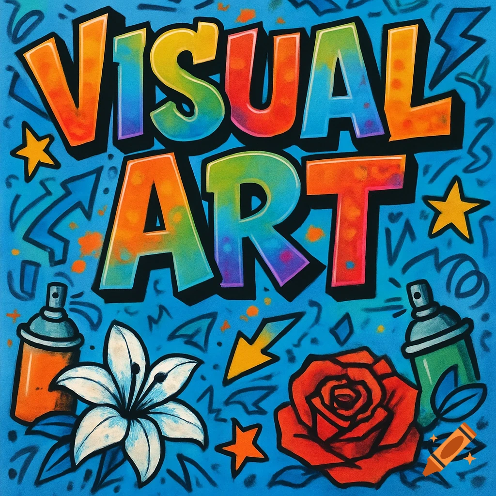 Colorful graffiti art with rainbow 'VISUAL ART' text, spray cans, stars, a white lily, and a red rose on a blue background.