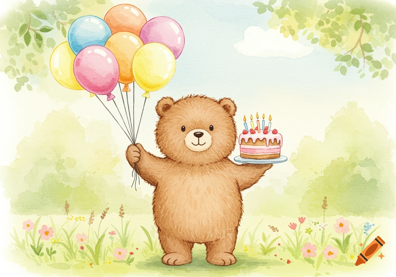 A cute brown bear holds colorful birthday balloons and a pink cake with candles in a watercolor illustration.