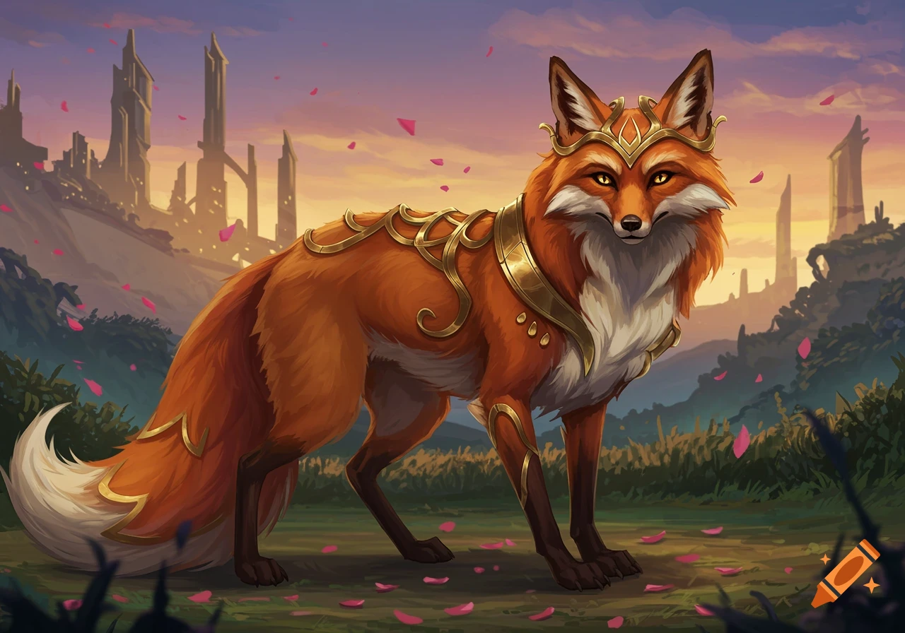 An orange fox wearing golden armor and a crown stands in a fantasy landscape with ancient ruins and pink petals.