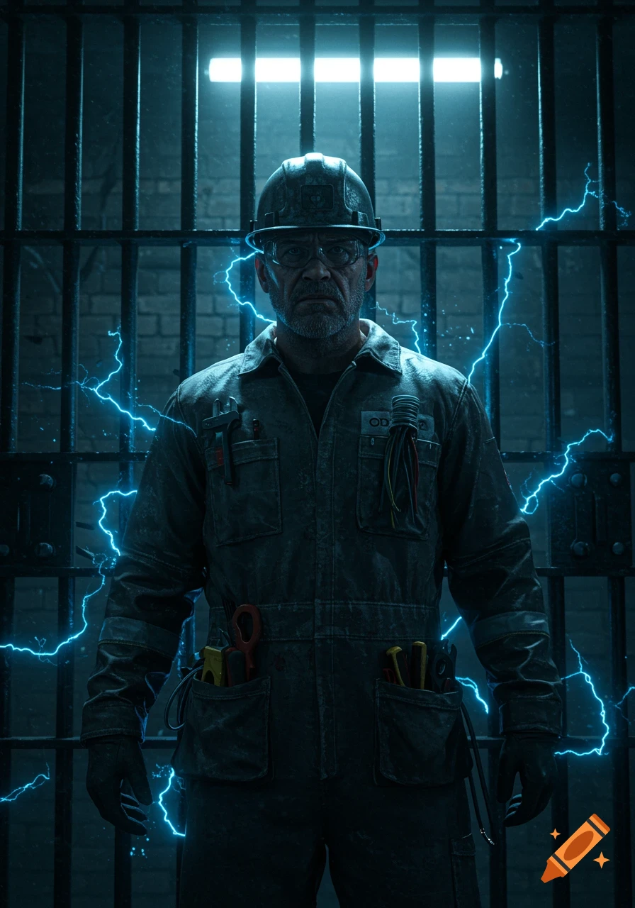 A man dressed as an electrician with glowing blue lightning around him stands behind prison bars in a dark, dramatic setting.