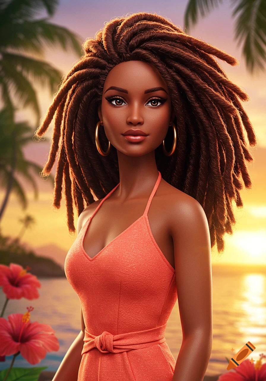 A close-up portrait of a Black Barbie doll with dreadlocks and gold hoop earrings, wearing an orange dress, against a tropical sunset background.