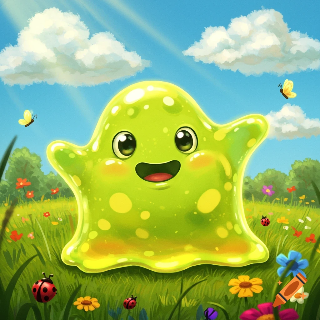A happy, glowing green slime creature with big eyes and a smile in a sunny meadow with flowers and butterflies.