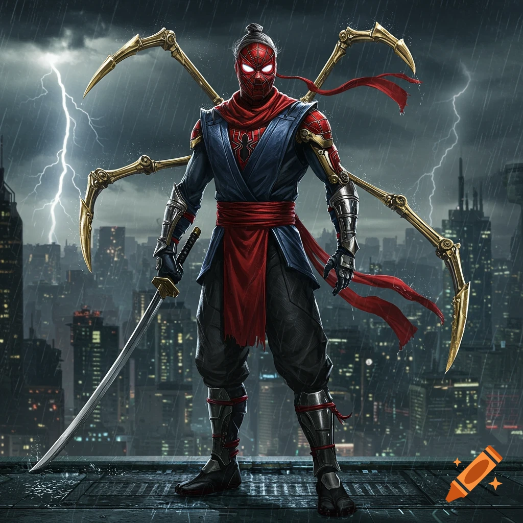 A masked samurai-style Iron Spider, wearing red and blue, stands on a rainy rooftop with a katana and metallic spider-arms, against a lightning-filled city skyline.