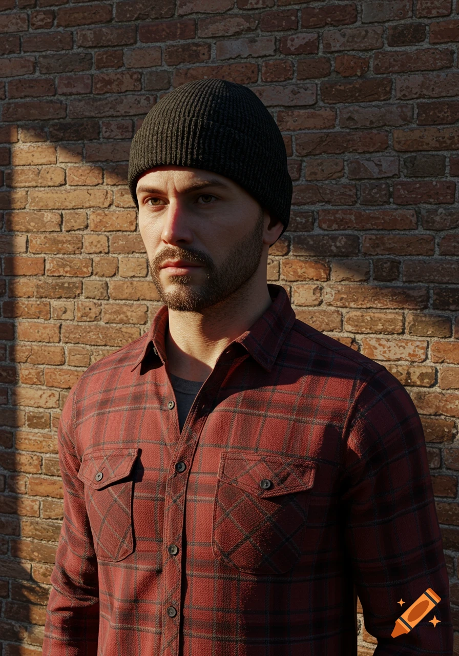 A man with a beard and a black beanie wears a red plaid shirt while standing in front of a brick wall, illuminated by sunlight.
