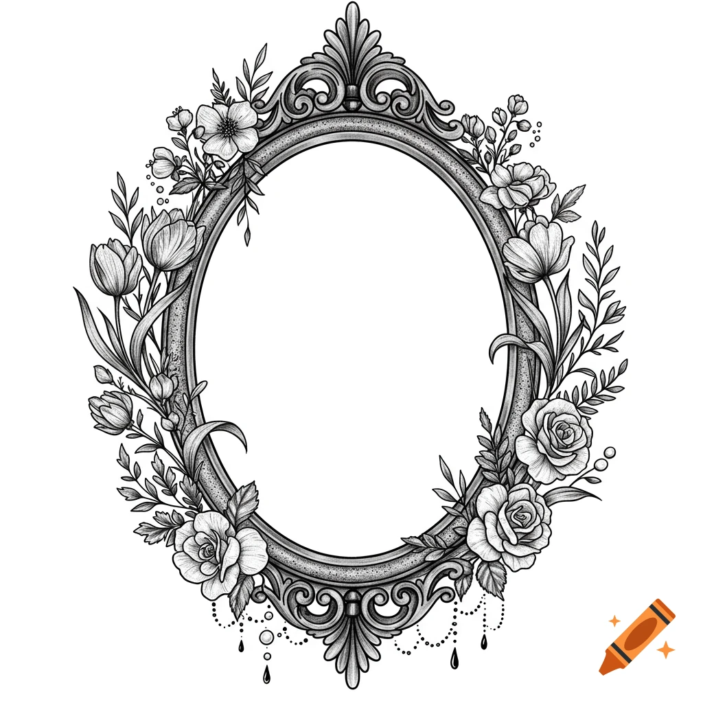 Black and gray antique oval frame with gothic detailing, surrounded by wildflowers, roses, and tulips in an elegant bohemian style.