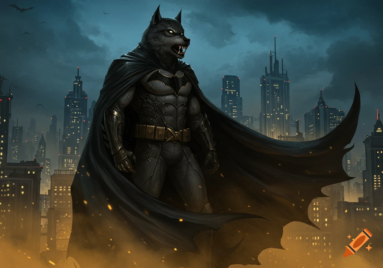 A powerful werewolf version of Batman in a dark costume and cape stands on a rooftop overlooking a Gotham City skyline at night.