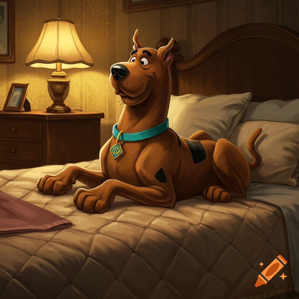 Scooby Doo, the brown cartoon Great Dane, lies on a quilted bed in a warm, dimly lit bedroom, looking up.