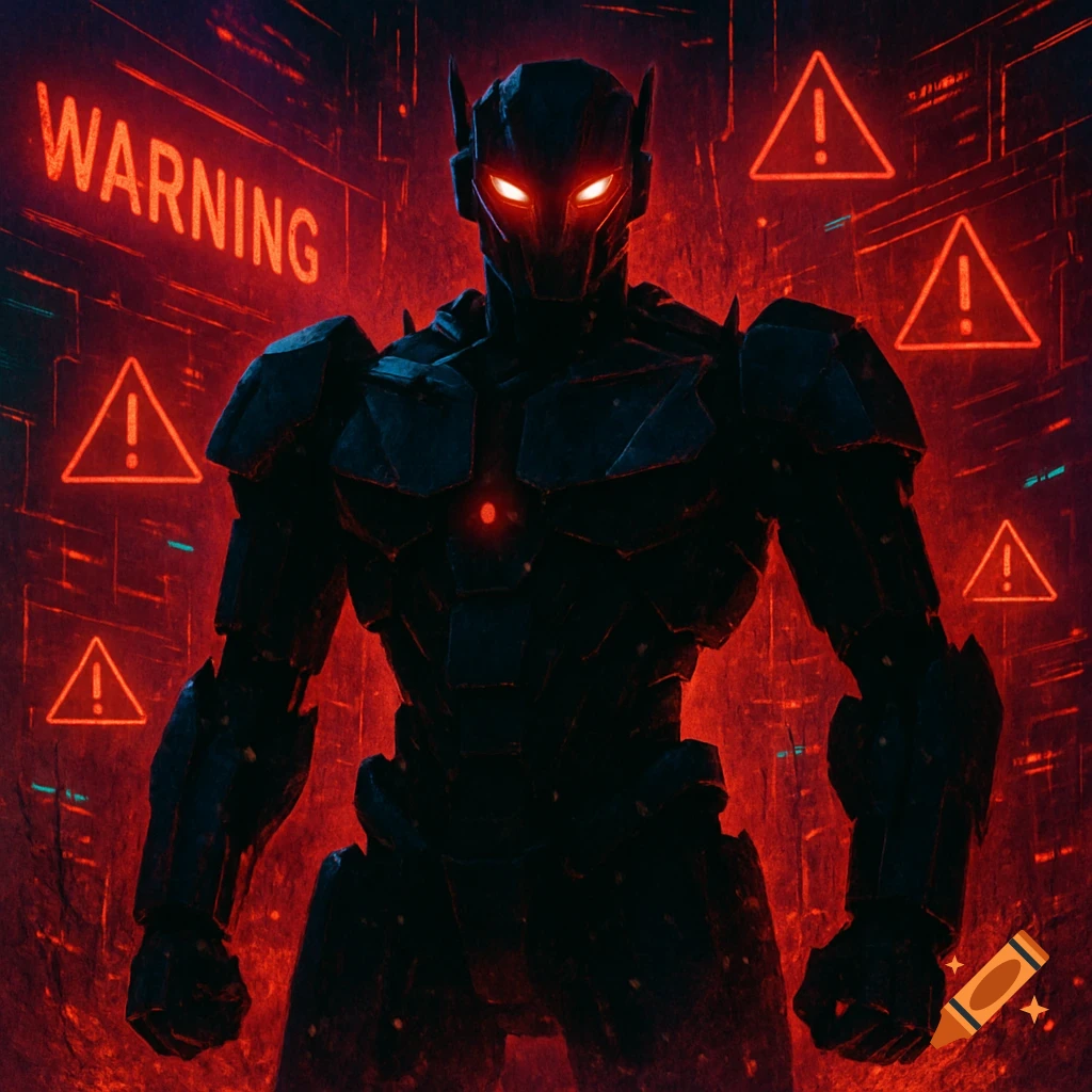 A dark, menacing robot with glowing red eyes stands in a red, cyberpunk-style environment surrounded by warning symbols.