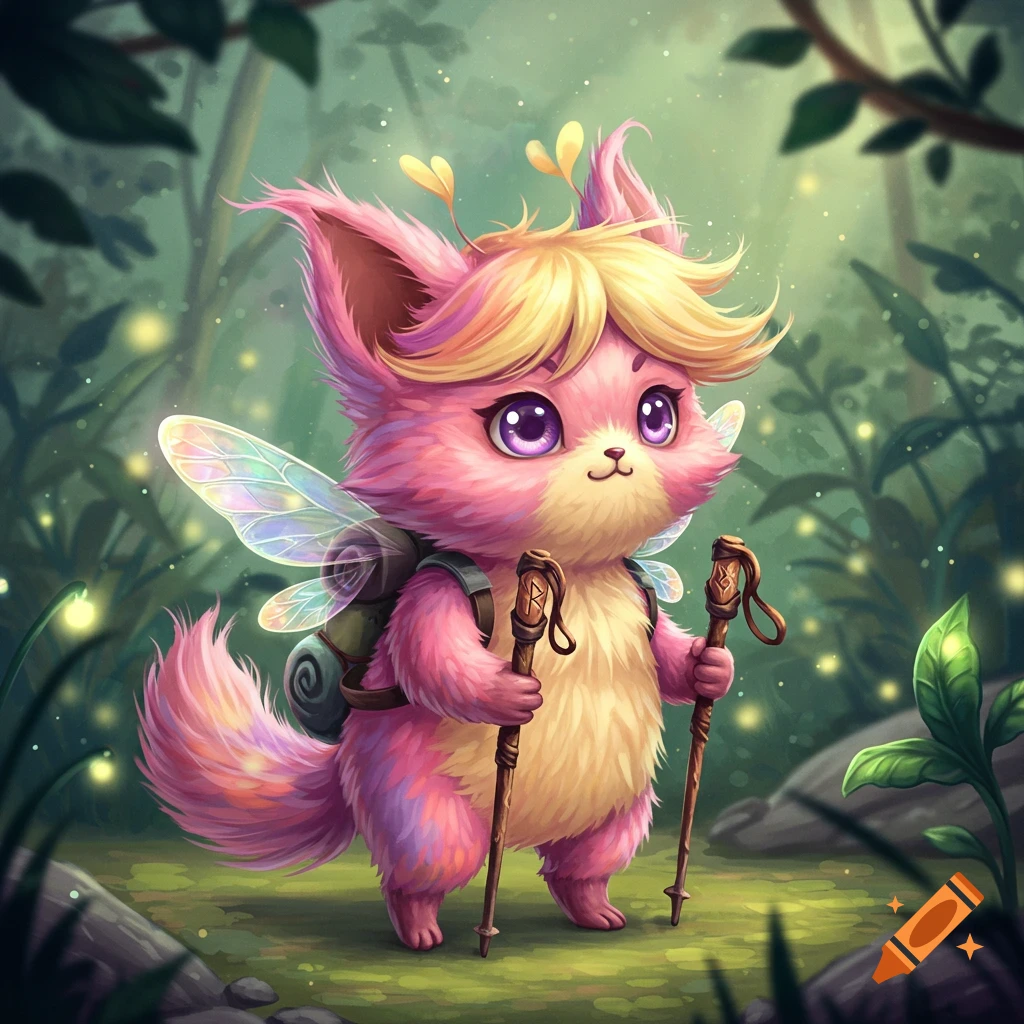 A cute, pink and yellow furry creature with large eyes, fairy wings, and blonde hair, holding two hiking poles in a magical forest setting.