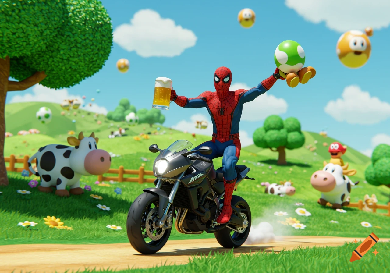 Cartoon Spider-Man on a motorcycle holding beer and a Yoshi egg in a vibrant, grassy Mario Kart-style meadow with cows.