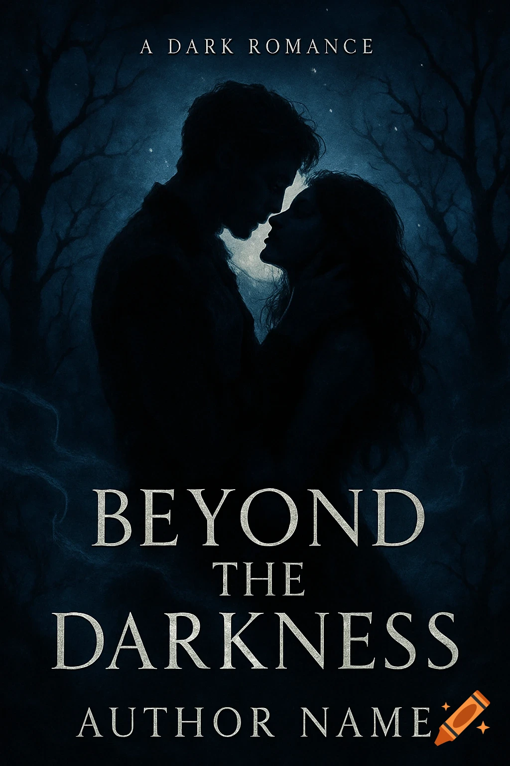A dark, moody book cover showing the silhouettes of a man and woman embracing under a full moon, with the title 'Beyond the Darkness' and 'A Dark Romance'.