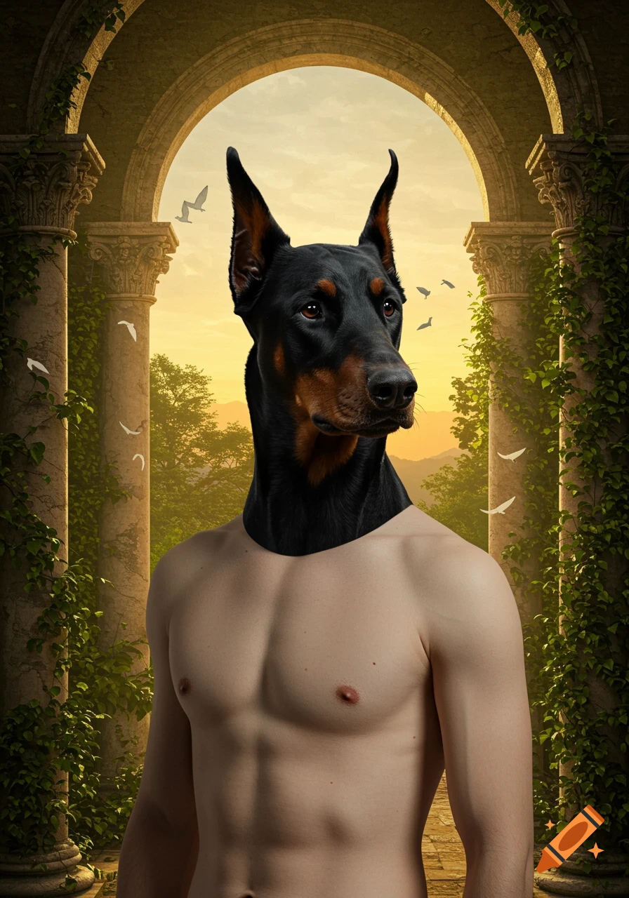 A doberman's head on a shirtless muscular man's body stands before ancient stone arches and ivy-covered pillars at sunset.