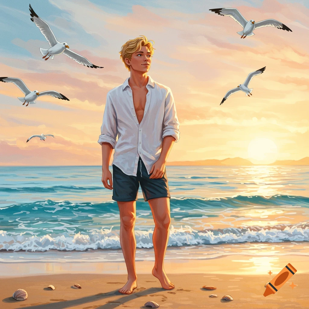 Blond man in white shirt and shorts on a sandy beach with seagulls and an ocean sunset.