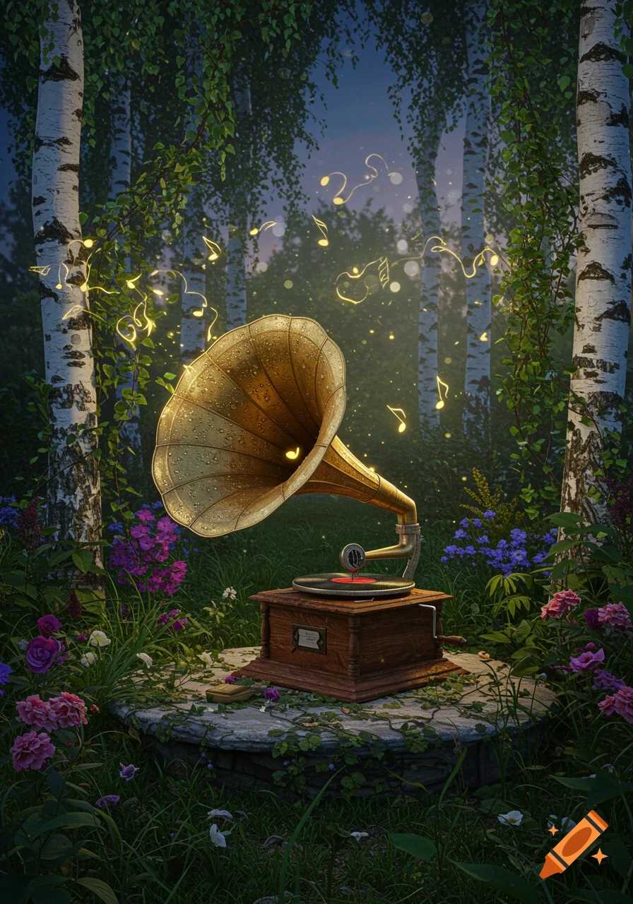 A vintage gramophone sits on a stone base in an enchanted forest, surrounded by glowing musical notes and colorful wildflowers.