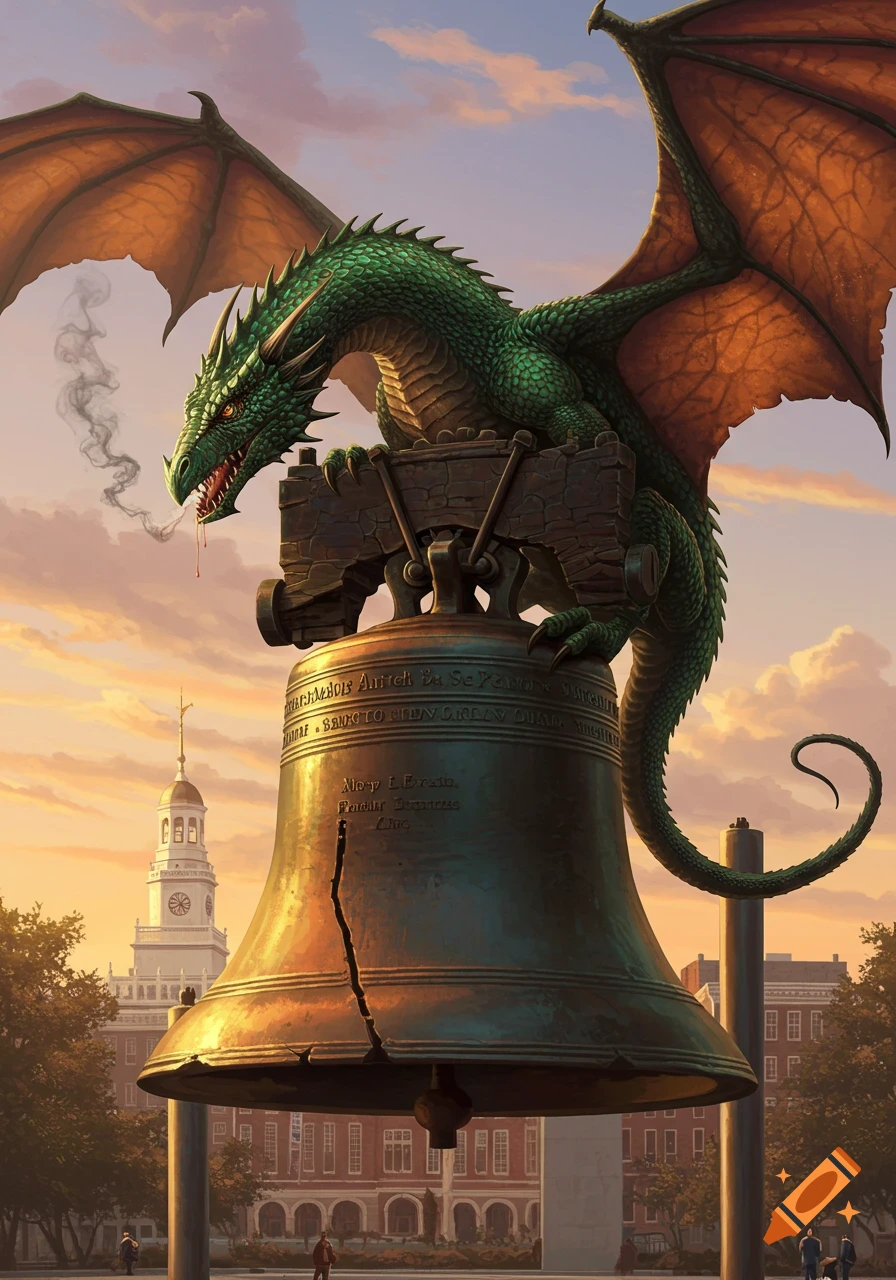 A detailed, realistic green dragon perches atop the bronze Liberty Bell, with Independence Hall in the background under a sunset sky.