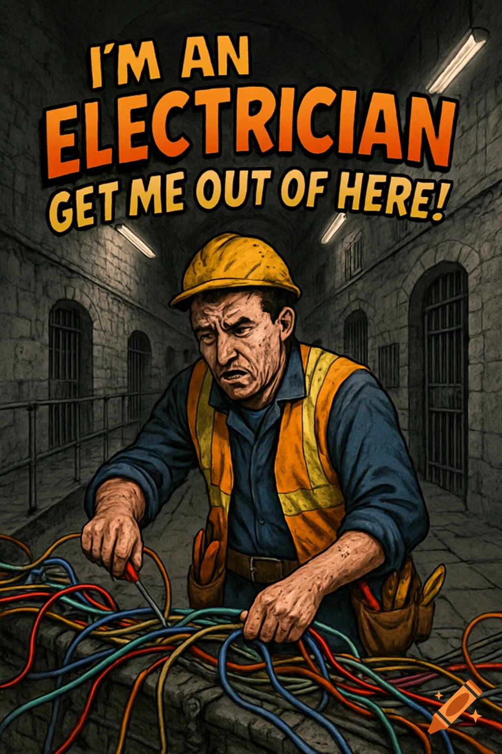 A frustrated electrician in a hard hat and safety vest works on a pile of wires in a dark, stone prison hallway. Text reads: "I'M AN ELECTRICIAN GET ME OUT OF HERE!"