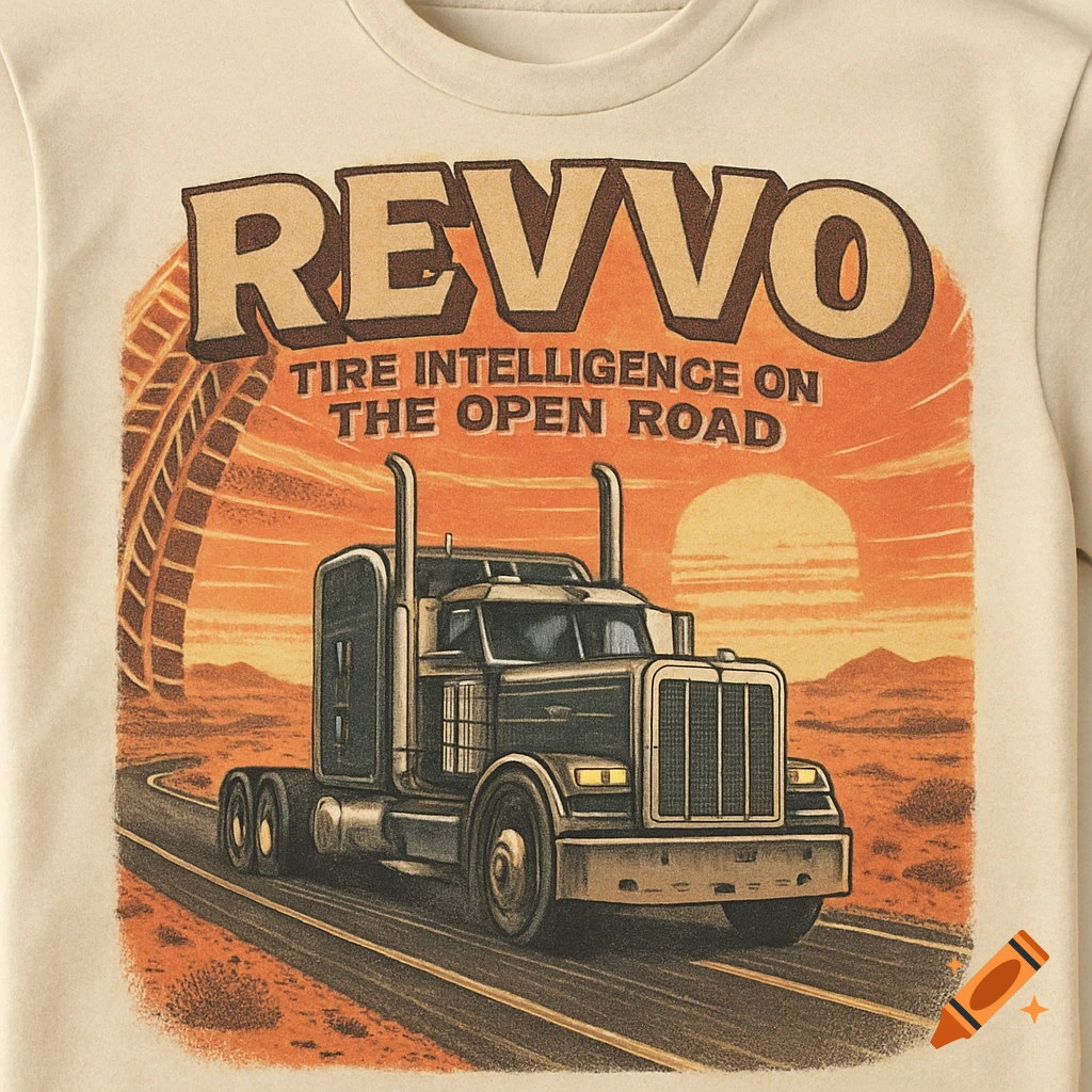 Vintage T-shirt design with a semi-truck driving on a desert road at sunset, featuring text 'Revvo - Tire Intelligence on the Open Road'.