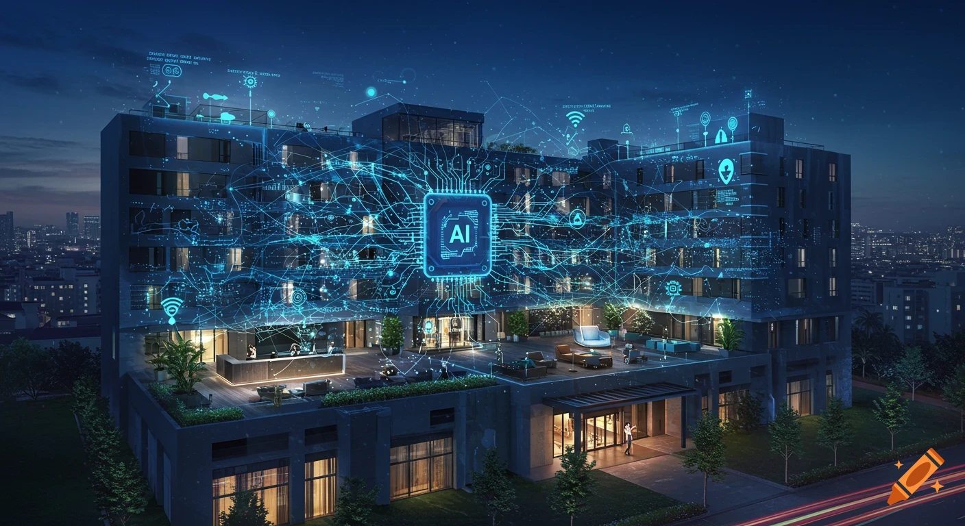 A modern building at night with a glowing blue AI chip and network of data flows overlaid on its facade, set against a city skyline.