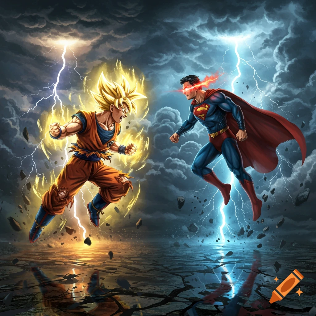 Goku in Super Saiyan form battling Superman, surrounded by lightning and energy, on a cracked battlefield. Illustrative style.
