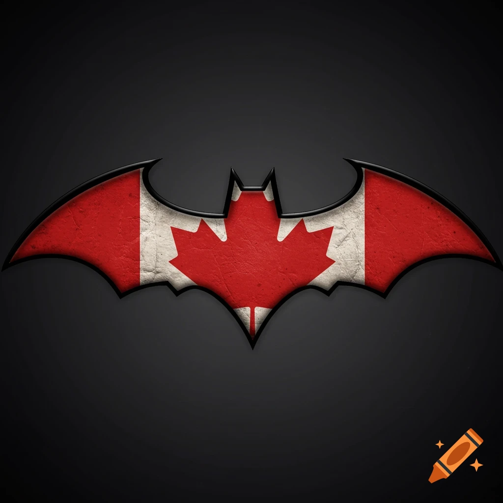 A dark, textured Batman logo emblazoned with the Canadian flag, featuring red and white with a maple leaf.