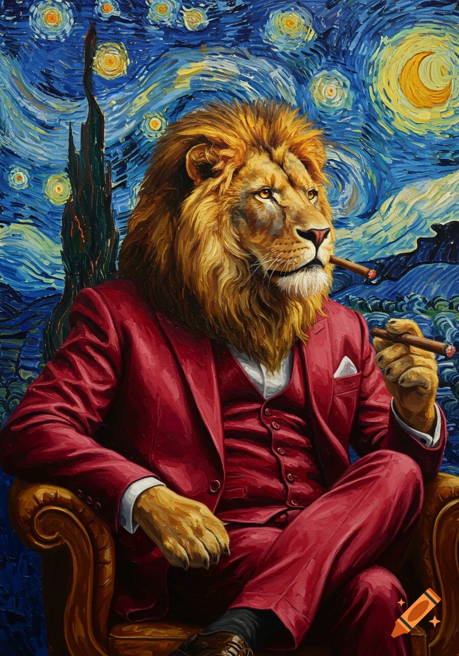 Oil painting of an anthropomorphic lion in a red suit smoking a cigar, seated in a chair with a Van Gogh Starry Night background.