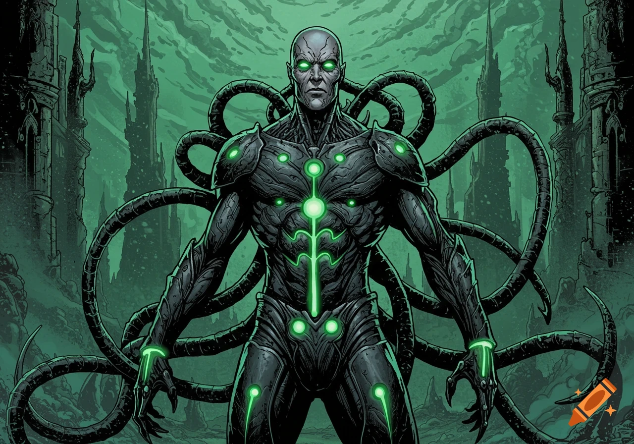 A comic book illustration of a bald, grey-skinned alien villain in dark biomechanical armor with glowing green circuitry and tendrils, in a surreal green alien landscape.