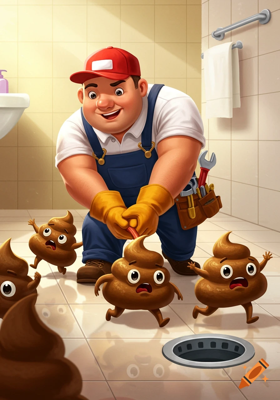 A cartoon plumber in a bathroom smiles while using a plunger to herd animated, expressive turd characters toward a floor drain.