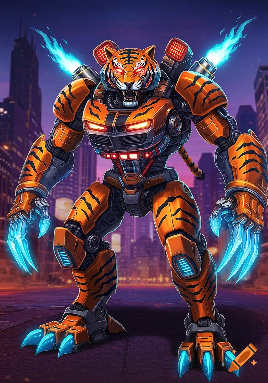 A detailed illustration of an orange and black striped tiger-themed robot with glowing blue claws and exhaust flames, standing in a futuristic city at night.