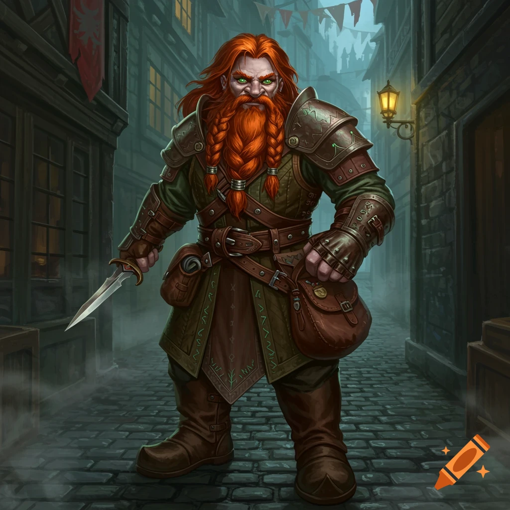 A red-haired dwarf thief with a braided beard and green eyes stands in a dark cobblestone alley, holding a dagger. Detailed digital painting.