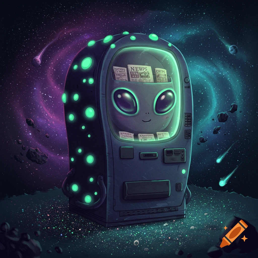 Cute cartoon alien inside a glowing vending machine in a vibrant space scene with nebulas and asteroids.