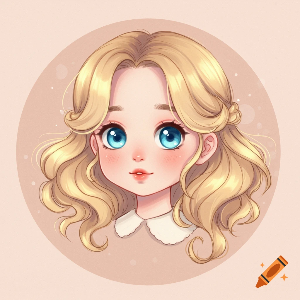 A cute anime girl with blonde hair and large blue eyes, wearing a white collared shirt, framed within a light pink circle.