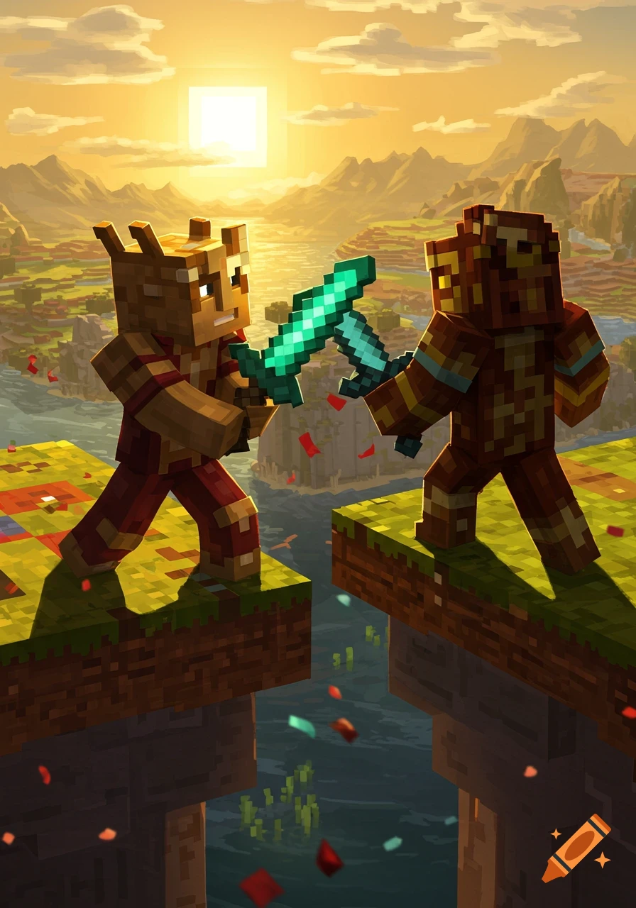 Two blocky Minecraft characters duel with glowing swords on ledges overlooking a blocky landscape at sunset.