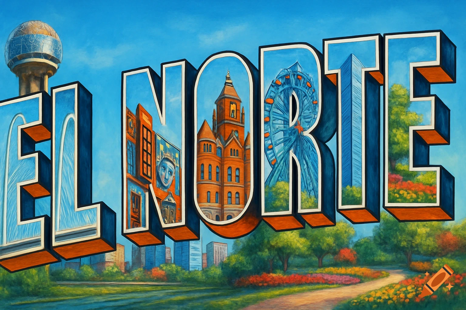 A mural-style image of the bold, 3D block letters "EL NORTE," each containing famous Dallas landmarks.