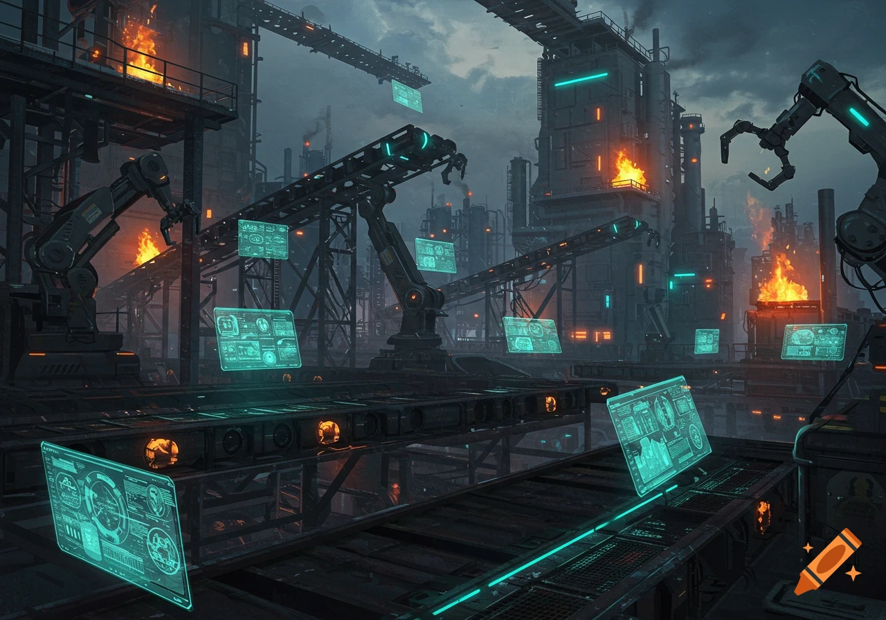 A dark, futuristic industrial factory with robotic arms, conveyor belts, glowing holographic screens, and fires.