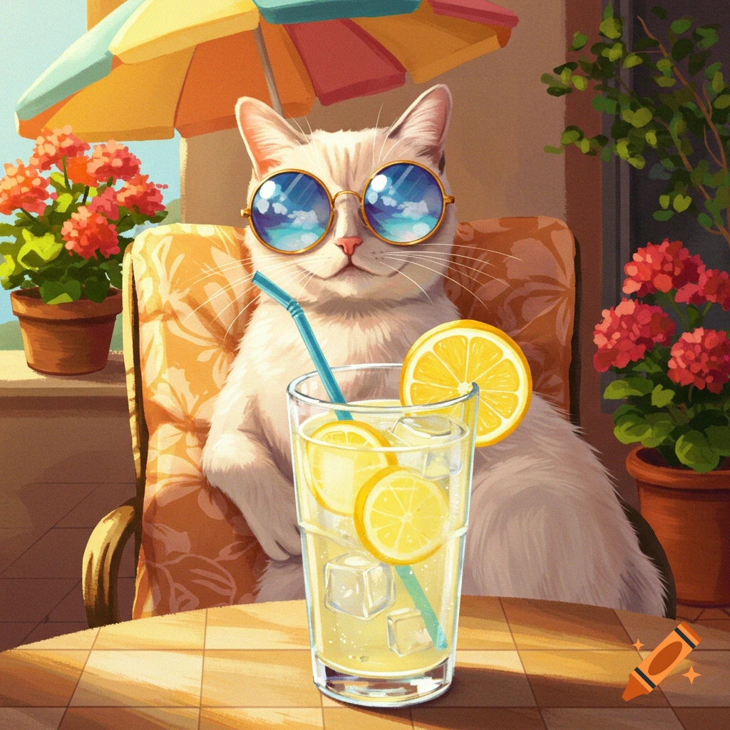 A white cat wearing blue sunglasses relaxes in a patterned chair on a sunny patio with a glass of lemonade.